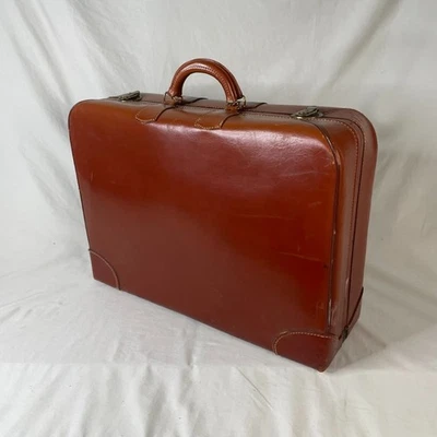 Vintage Brown Leather Suitcase 1950s LUB Brass Locks Italy Mid-Century Travel - Image 1 of 4