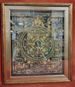 Dipinto a mano su pergamena Thangka tibetana, con inclusioni dorate - Foto 1 di 14