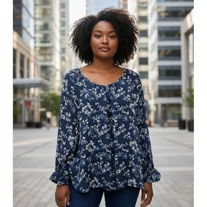 Ophelia Roe geblümte Bluse halbtransparent blau Damen Übergröße 2X neu mit Etikett - Bild 1 von 9