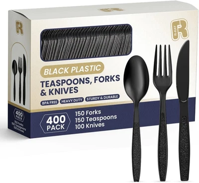 R-Kay 400 Pcs Black Plastic Silverware Heavy Duty - Heat Resistance Forks Spoons - Image 1 of 4