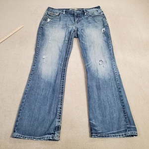 BKE Jeans Mens 34 R Blue Derek Boot Cut Buckle Faded Medium Wash Distressed * - Picture 1 of 14