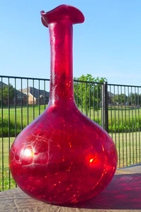 BLENKO RED CRACKLE GLASS BUD VASE 9 3/4" TALL Fluted Vase - Picture 1 of 6