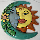 Mexican Hand Painted Terra Cotta Large 14x13” Sun & Moon Colorful Wall Plaque