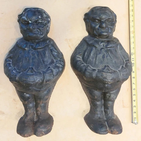 Antique Pr Cast Iron Figural Fireplace Tweedle dee Tweedle Dum Garden Andirons Cover