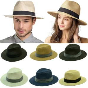 Mens Womens Summer Beach Sun Straw Panama Fedora Hats Flat Hat Big Brim Band Cap - Picture 1 of 11