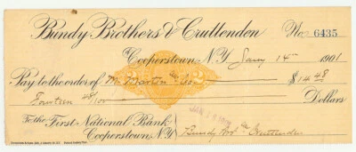 United States Bank check * 1901 Bundy Bros at Cooperstown - XF - check6435 - Image 1 of 2