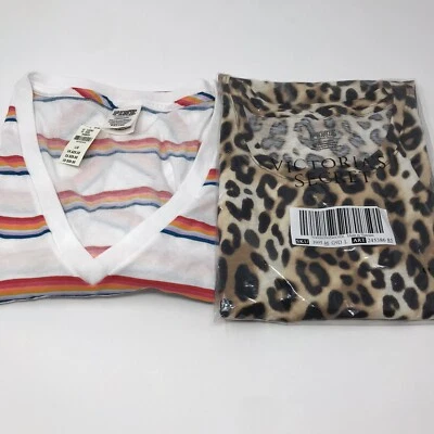 Victoria's Secret 粉色 L T 恤 2 件装豹纹条纹短袖 — 第 1/4 张图片