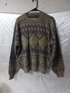 Vintage Saxony Collection Coogi Style Pullover Braun Strick Leder Baggy Large  - Bild 1 von 6