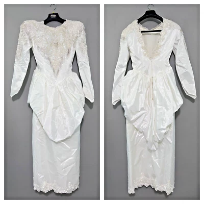 Vestido de noiva vintage dos anos 1980 estilo peplum com trem destacado e véu frisado tafetá - Imagem 1 de 4