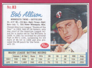 2022-1962 Cereal Card - #83 Bob Allison- Minnesota Twins