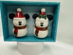 Disney Mickey Minnie Mouse Snowman Salt and Pepper Shakers Ceramic Christmas New - Picture 1 of 4