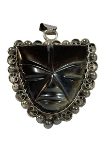 Vintage Taxco 980 Sterling Silver & Black Onyx Tribal Mask Pendant - Picture 1 of 4