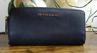 Michael Kors Dark Navy Saffiano Leather Zip Around Card Bill Coin Wallet VGUC - Image 1 of 4