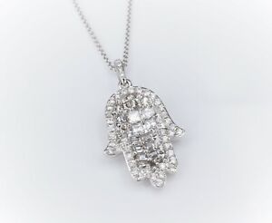 18k White Gold 1ct Natural Pave Diamond Hamsa Hand Pendant Necklace 18" NG1137
