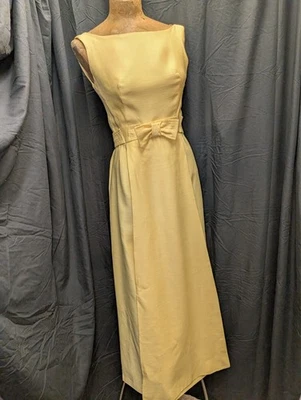 Maxi Vestido Mod Mezcla Lino Amarillo Años 60 por I. Magnin Talla Pequeña Foto 1 de 4