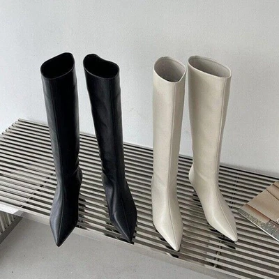 Botas de caballero para mujer punta puntiaguda hasta la rodilla tacón bajo de gatito zapatos altos OL Foto 1 de 4