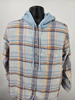 American Eagle Women's Flannel Medium Blue Plaid Hoodie Pockets Drawstring - Image 1 of 4