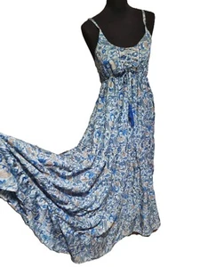 Cottagecore Silk Boho Hippie Summer Maxi Dress S M Floral Blue Sleeveless Beach - Picture 1 of 12