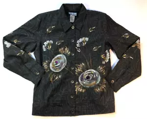 Indigo Moon Womens Blouse Sz L Black Floral Rhinestone Button-Up Long Sleeve NWT - Picture 1 of 15