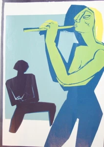 Vintage Abstract print figures flute player - Imagen 1 de 9