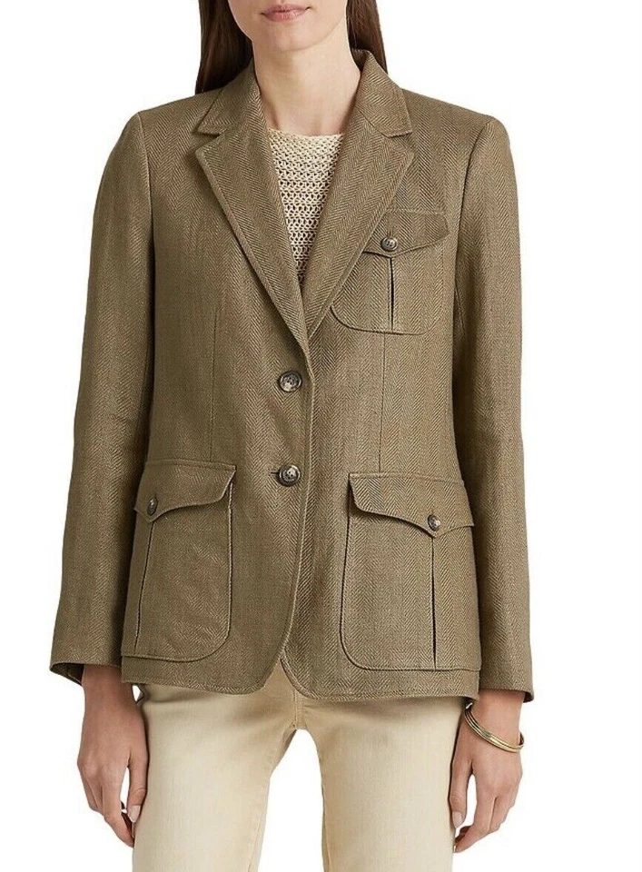 Size 8- Lauren Ralph Lauren Women’s Herringbone Linen Blazer, Olive Fern. - Image 1 of 4