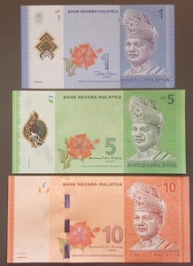 Malaysia UNC Polymer RM 1 & 5 and Note 10 Ringgit Uncirculated Unfolded Banknote - Picture 1 of 1