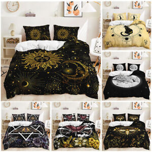 Indian Moon Son Golden Black Yellow Stars Floral Doona Duvet Quilt Cover Bed Set