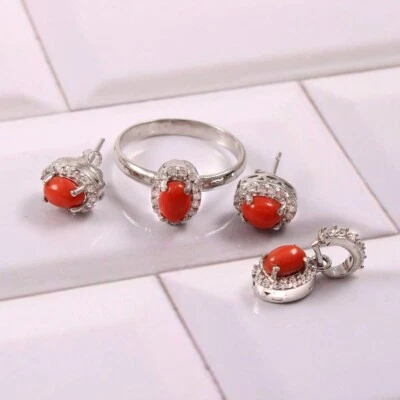 Corallo Rosso Ovale Gemma 925 Anello Argento Sterling Parure Gioielli Set Regalo - Immagine 1 di 4