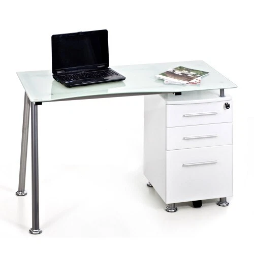 Scrivania per Computer Porta PC Vetro Temperato Bianco Cassettiera bianca