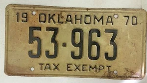 Placa de matrícula OKLAHOMA 1970 exenta de impuestos 53-963 x - Imagen 1 de 1