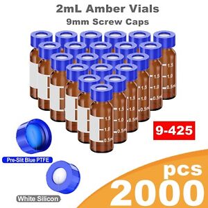 2000ps Autosampler 2mL Amber Sample Vials HPLC 9-425 Pre-Slit Screw Top/Cap Blue