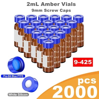 2000ps Autosampler 2mL Amber Sample Vials HPLC 9-425 Pre-Slit Screw Top/Cap Blue - Image 1 of 4