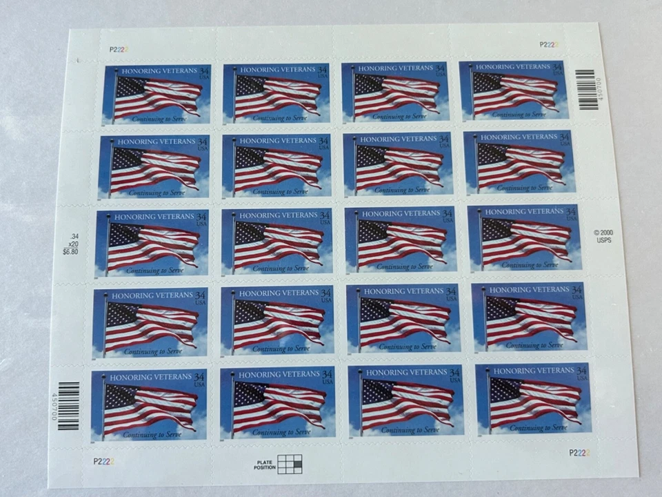US Stamps SC# 3508 Honoring Veterans 34c sheet of 20 MNH 2001 - Image 1 of 1