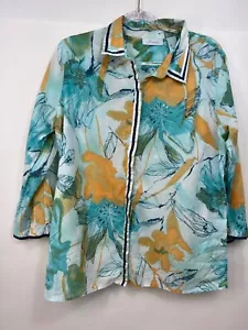 J.H. Camicia da collezione con bottoni davanti blu tropicale arancio fiori donna taglia XL - Foto 1 di 9