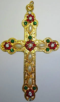 Großer Kreuz Anhänger Strass Kunst-Perlen cross Pendant Pendentif Croix   - Bild 1 von 2