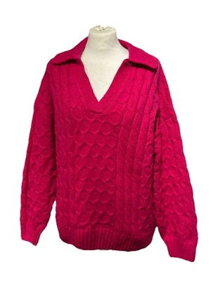 TU Long Sleeved V-neck Fuchsia Pink Knit Jumper Size  14 Collared - Image 1 of 4