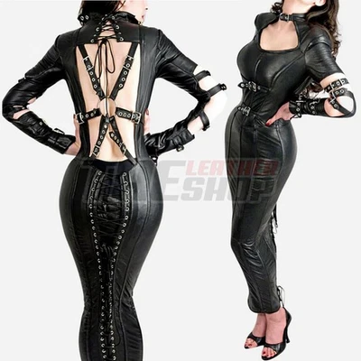 Leather Women Gothic Bodycon Lace-Up Corset Dress – Custom Handmade Full Length - Image 1 of 3