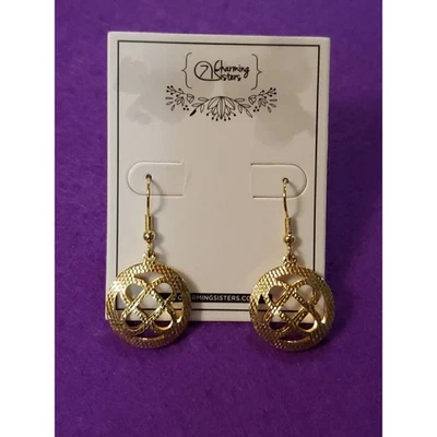 Gold Plated Brass Dangle Earrings Puffy Round Textured Open Work Design New - Image 1 of 4