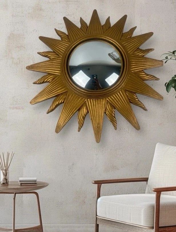 Vintage Gold Gilded Convex Sunburst Mirror Mid Century Modern Pop Art 12” - Image 1 of 4