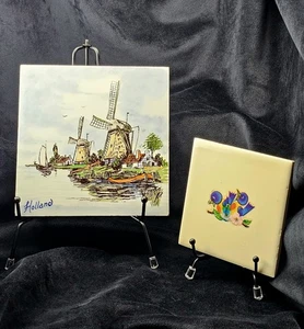 Lot of 2 Vintage Decorative Ceramic Tiles – Holland Windmill & 1940s Birds Art - Picture 1 of 12