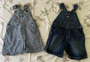 Two Oshkosh B'Gosh Overalls Shortalls Shorts Size 3T *pre-owned* denim dinosaurs - Picture 1 of 8