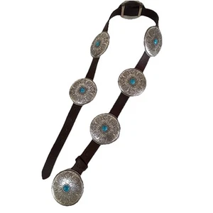 Nacona Concho Belt 7 Large Conchos w/ Turquoise Stones 1" Brown Belt Womens Sz L - Picture 1 of 10