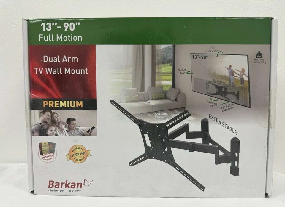 Barkan TV Wall Mount, 13-90 inch Dual Arm Full Motion Articulating - 4 Movement - Image 1 of 3