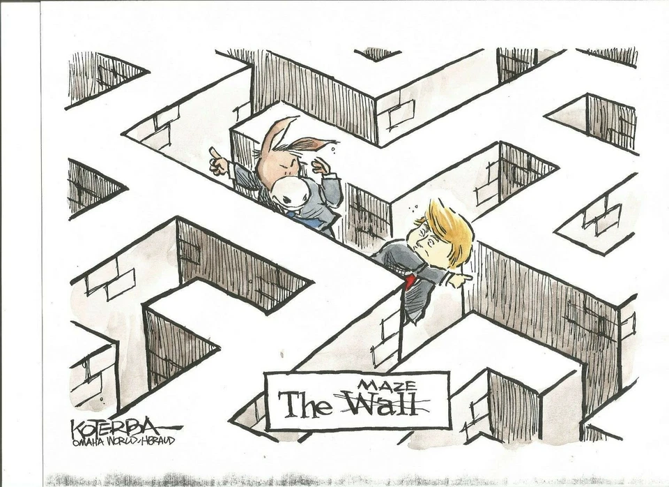 DONALD TRUMP & BORDER WALL 2018 JEFF KOTERBA POLITICAL CARTOON color & b&w - Image 1 of 2