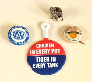 4 Vintage Advertising Pins – Esso Tiger, Chevrolet, Mack Bulldog, AAA 1941-1960s
