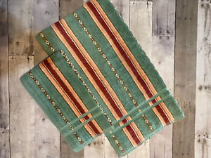Vtg Ralph Lauren Bath & Hand Towel Green Rose Southwest Striped Cotton 50”x27”