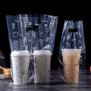 100-Pack Drink Carrier Bags – Clear Plastic 2-Cup Bag with Handle - Picture 1 of 8