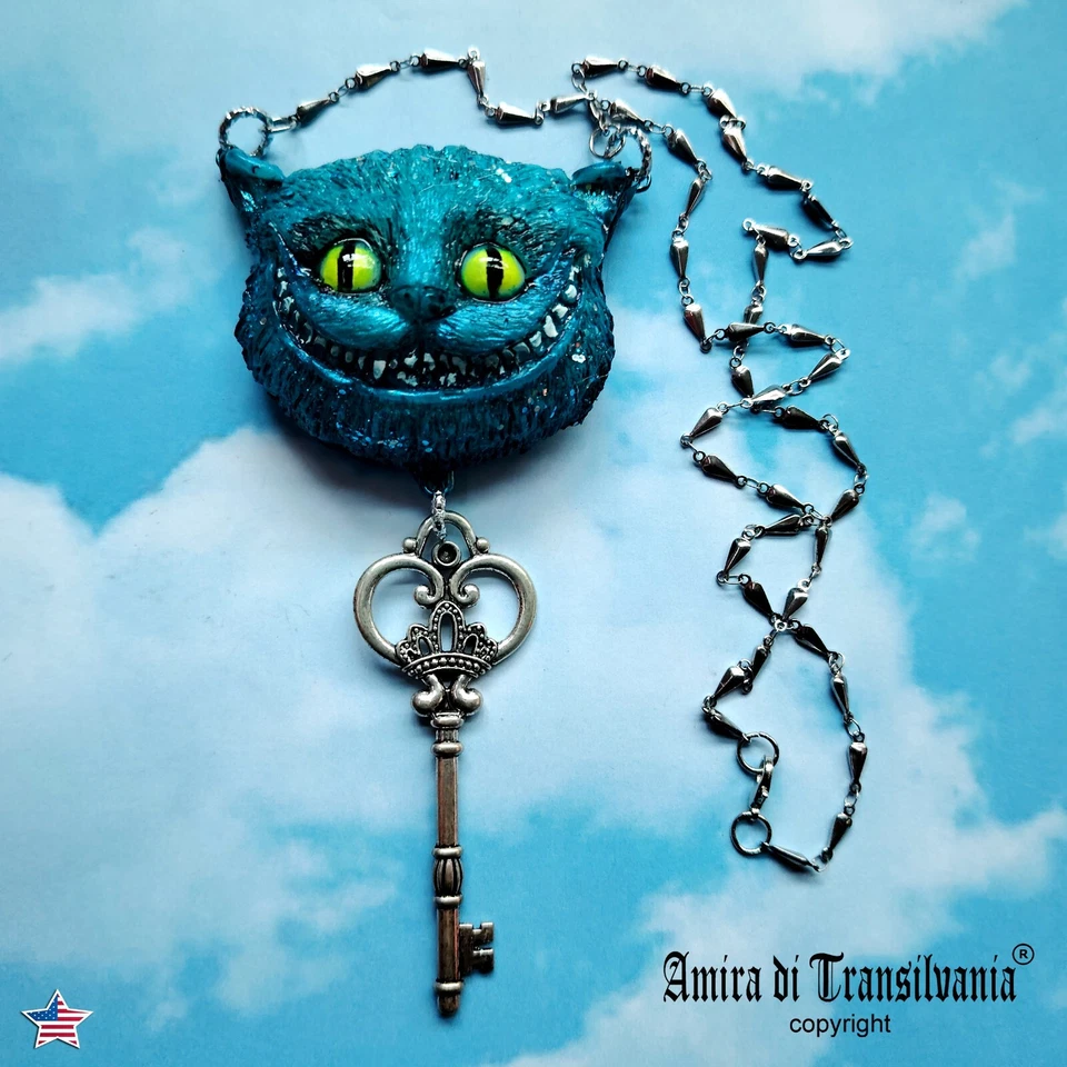 Cheshire Cat Alice in Wonderland Cat Jewelry Necklace Key Padlock Pendant Charm - Image 1 of 4