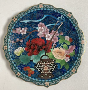 Antiguo Plato Chino Cloisonné Original Con Flores Flor de Cerezo Cinta Viento - Imagen 1 de 8
