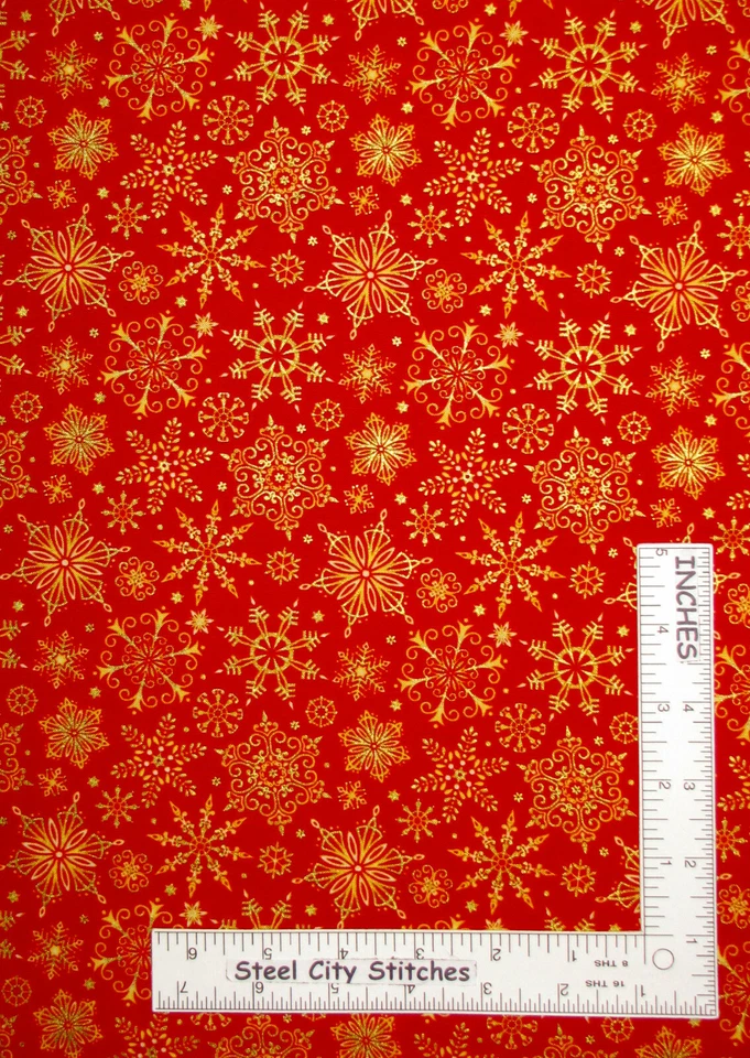 Christmas Fabric Gold Gild Snowflakes on Red Joy Cotton Studio E By The Yard - Image 1 of 1